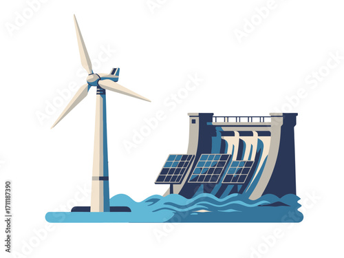Renewable Energy Landscape Featuring Wind Turbine Solar Panels and Hydroelectric Dam Against transparent Background Illustration Vector