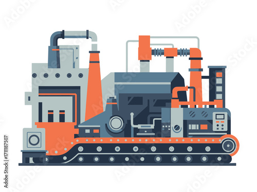 Industrial Machine Illustration in Blue and Orange on transparent Background