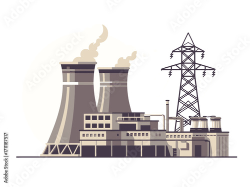 Illustration of Gray Industrial Power Plant with Smoke Stacks and Transmission Towers on transparent Background Vector Graphic