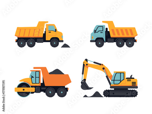 Pixel Art Construction Vehicles Set Featuring Dump Trucks and an Excavator Against a transparent Background