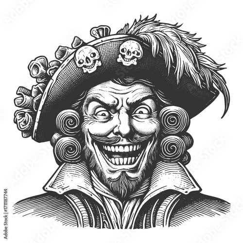 sinister pirate with wild grin, feathered hat, skull decorations, curled hair in vintage style sketch engraving generative ai fictional character vector illustration. Scratch board. Black and white.