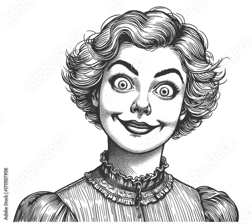 woman, showing exaggerated wide-eyed smile in comic style sketch engraving generative ai fictional character vector illustration. Scratch board imitation. Black and white image.