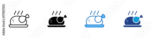 Roast Chicken Multiple Style Icon Design Vector - Steaming roasted chicken on a plate, symbolizing dinner, feast, and homemade meals
