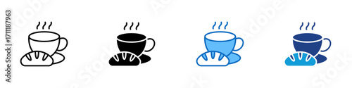 Coffee Break Multiple Style Icon Design Vector - Steaming cup with bread, representing breakfast, hot drinks, and morning routine