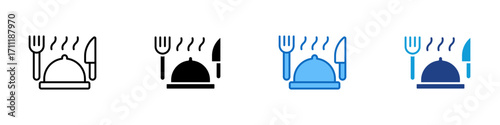 Dinner Meal Multiple Style Icon Design Vector - Covered food tray with fork and knife, symbolizing dinner, restaurant service, and fine dining