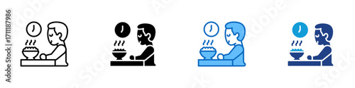 Eating Person Multiple Style Icon Design Vector - Person eating hot food with clock, symbolizing mealtime, hunger, and daily nutrition