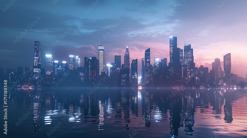 Fototapeta premium Futuristic Smart City Skyline at Dusk – Modern Technology and Innovation Concept