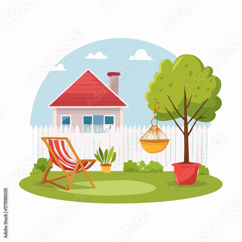 Cozy backyard with hanging chair and plants in pots House patio with fence, furniture for picnic green grass and tree Summer landscape of yard Vector cartoon illustration