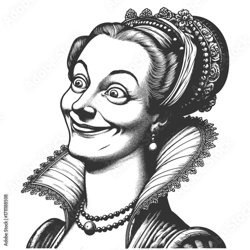  Renaissance noblewoman, with exaggerated cheerful expression sketch engraving generative ai fictional character vector illustration. Scratch board imitation. Black and white image.