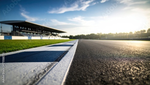 Racing Track at Sunrise. Low-Angle View of Asphalt and Grass