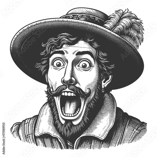 surprised man with wide eyes, open mouth, drawn in a humorous vintage style sketch engraving generative ai fictional character vector illustration. Scratch board imitation. Black and white image.