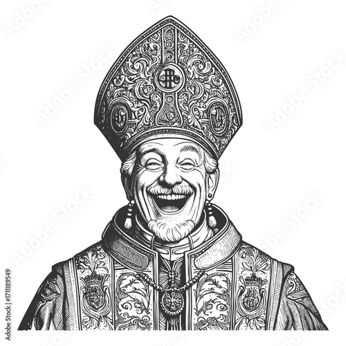 smiling bishop wearing an ornate mitre and decorated robes with a cheerful comic expression sketch engraving generative ai fictional character vector illustration. Scratch board. Black and white image