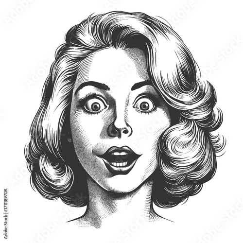 woman with wavy shoulder-length hair, wide eyes, and open mouth showing a surprised expression sketch engraving generative ai fictional character vector illustration. Scratch board. Black and white.