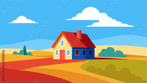 A solitary farmhouse nestled in the midst of endless plains its red roof contrasting against the vast blue sky.