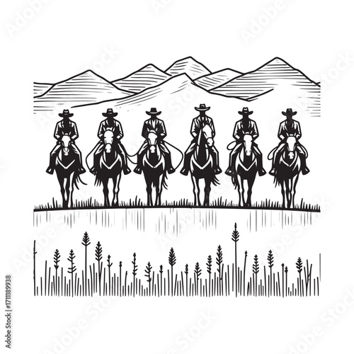 Black and White Vector Illustration of Six Cowboys Riding Horses in a Western Town Scene