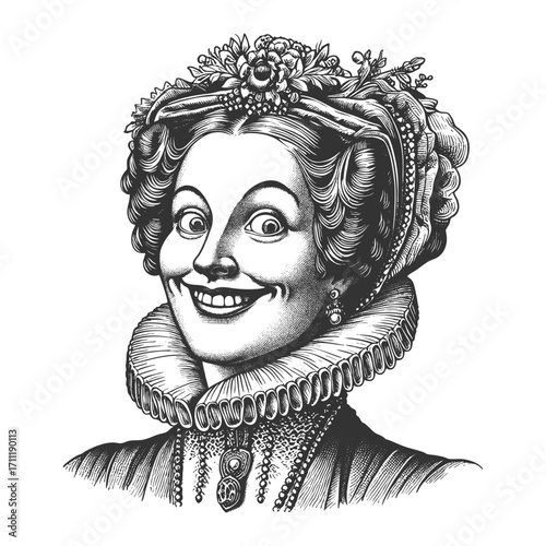 Renaissance noblewoman, ruffled collar, jewelry, and an exaggerated cheerful expression sketch engraving generative ai fictional character vector illustration. Scratch board. Black and white image.