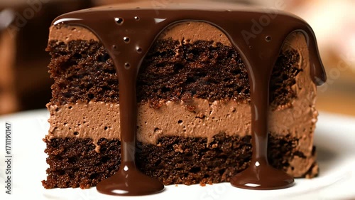 Decadent Chocolate Cake Slice Being Drizzled with Rich Chocolate Ganache for a Heavenly Indulgence perfect for bakery products and dessert culinary