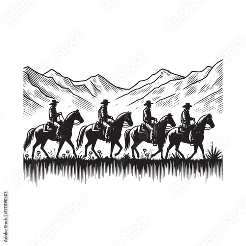 Black and White Vector Illustration of Six Cowboys Riding Horses in a Western Town Scene