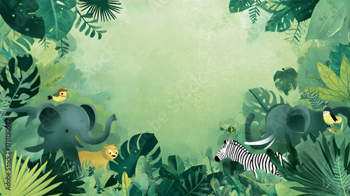 Charming illustration of jungle animals peeking through leaves.