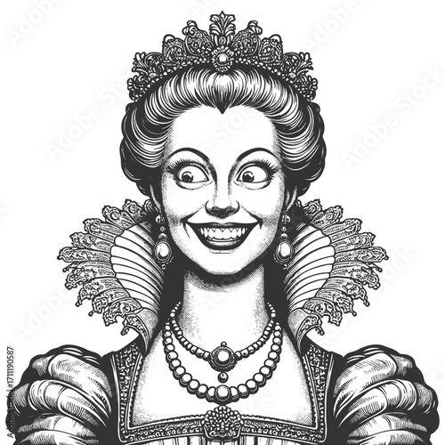 Renaissance queen with wide grin, ornate crown, pearl jewelry, and elaborate ruffled collar in vintage style sketch engraving generative ai vector illustration. Scratch board. Black and white image.