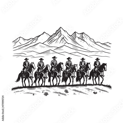 Black and White Vector Illustration of Six Cowboys Riding Horses in a Western Town Scene