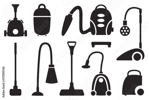 Collection of vacuum cleaner silhouettes for cleaning and household appliance concepts in black and white design