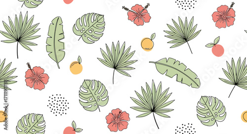 Vibrant hand-drawn tropical leaf and hibiscus flower seamless pattern, perfect for summer and nature-inspired designs