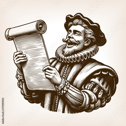 man with curly hair and mustache, looking shocked while reading a parchment scroll sketch engraving generative ai fictional character vector illustration. Scratch board imitation. Black and white.