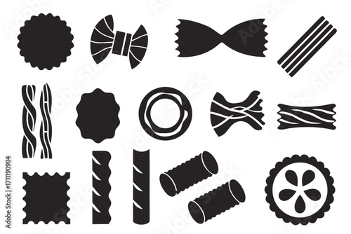 Various pasta shapes, showcasing a diverse selection of italian cuisine staples in a simple black and white design