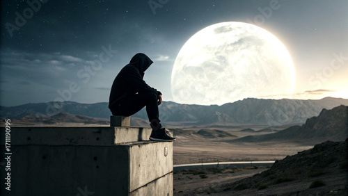 Dark hooded figure under moon in dramatic desert