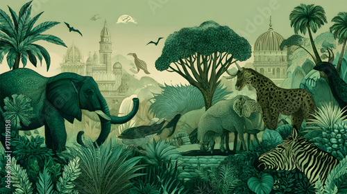Jungle Animals in Lush Foliage with Cityscape Background.