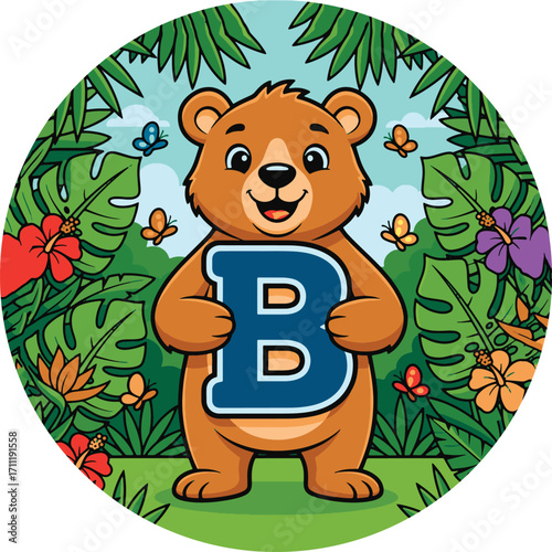Smiling Cartoon Bear Holding Letter B Jungle vector
