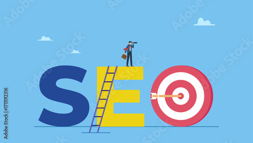 Businessman climb up ladder on the word SEO with arrow hit target. SEO, search engine optimization to drive traffic or visitor to website, improve search result ranking gain more visibility.