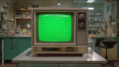 Old TV with green screen and TV simulator in a laboratory