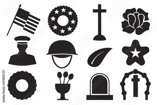 Collection of memorial day symbols, including flag, wreath, cross, and soldier, in a simple black and white illustration