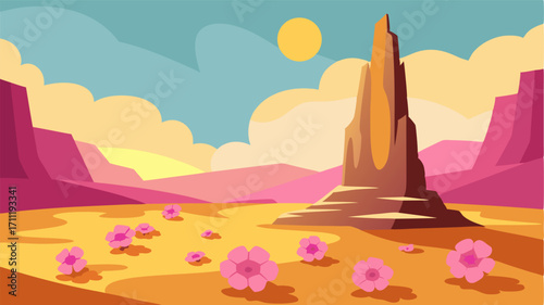 In the shadow of a towering rock formation a carpet of pink and yellow desert primroses spreads out across the desert floor.