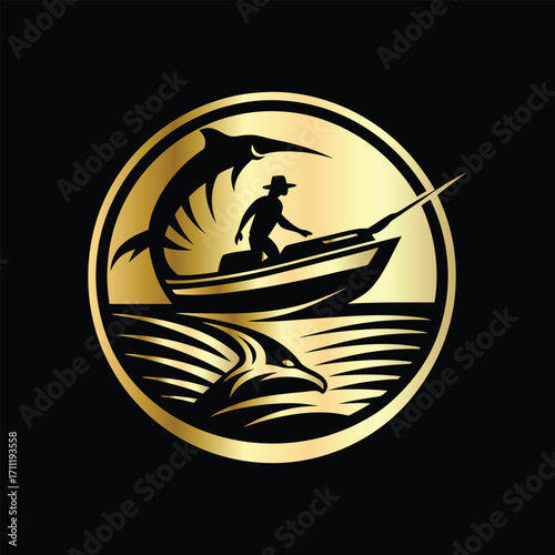 Golden Marlin Fish Logo Design – Luxury Sailfish Vector Emblem for Sport Fishing, Seafood Branding, Ocean Adventure Badge, Premium Fisherman Club Icon, Stylish Golden Logo Illustration.
