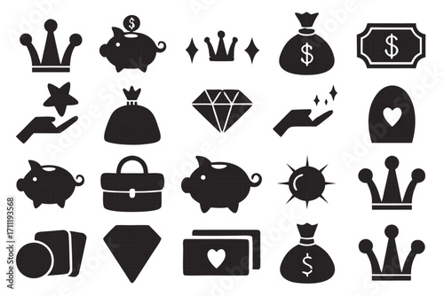 Set of finance and luxury themed black silhouette icons, representing wealth, success, and financial prosperity