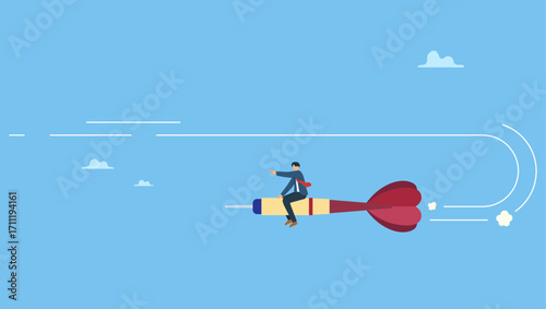 Businessman riding dart changing direction to the right target. Change business direction, leadership decision to change to success, turning point or different way to reach target.