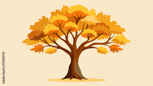 A solitary tree stands tall its branches adorned with leaves in various shades of goldenrod and tangerine.