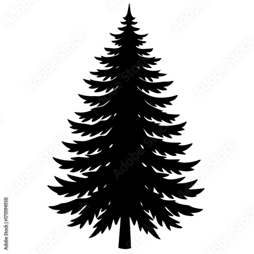 Simple black silhouette of a coniferous evergreen tree on white background