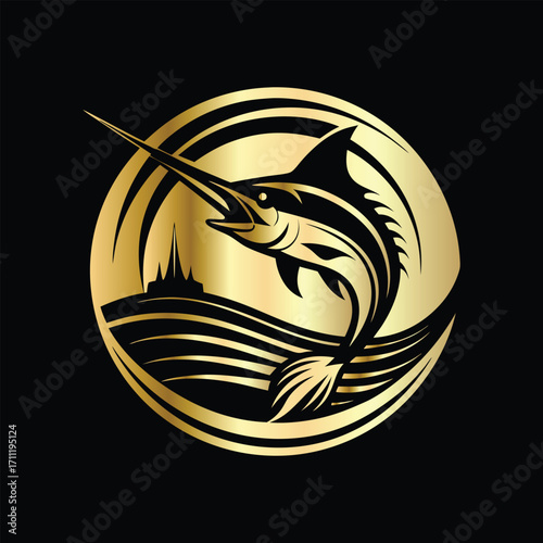 Golden Marlin Fish Logo Design – Luxury Sailfish Vector Emblem for Sport Fishing, Seafood Branding, Ocean Adventure Badge, Premium Fisherman Club Icon, Stylish Golden Logo Illustration.
