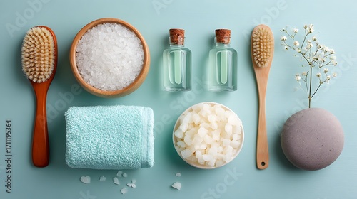 A tranquil spa setting with a towel, salt, and essential oils, highlighting relaxation and wellness.