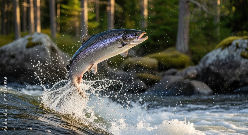 Fototapeta premium Majestic Salmon Leaping from Rushing River in Wilderness, Capturing Dynamic Action and Wildlife