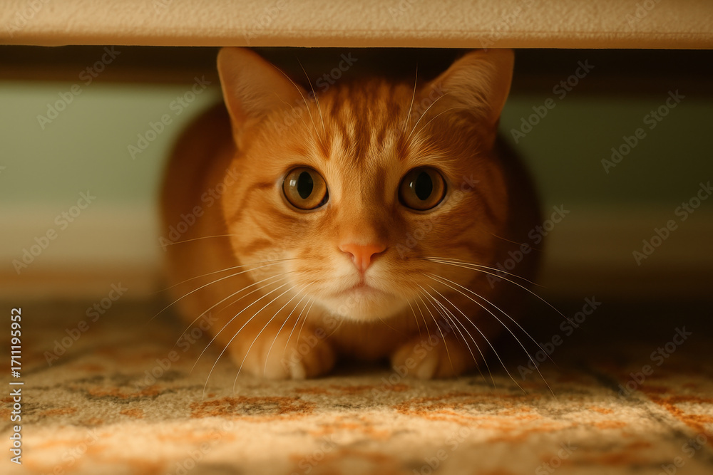 Naklejka premium Curious orange cat hiding under furniture with wide eyes, cautious feline peeking from beneath bed on patterned carpet at home