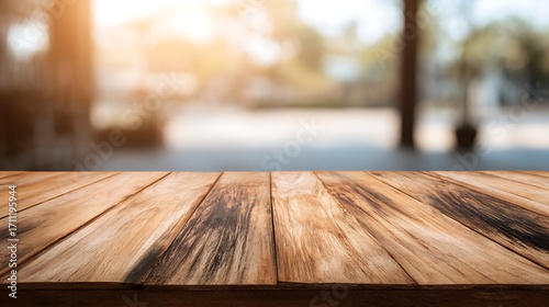 A rustic wooden table top with a blurred outdoor background.