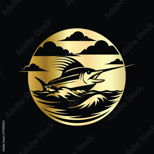 Golden Marlin Fish Logo Design – Luxury Sailfish Vector Emblem for Sport Fishing, Seafood Branding, Ocean Adventure Badge, Premium Fisherman Club Icon, Stylish Golden Logo Illustration.
