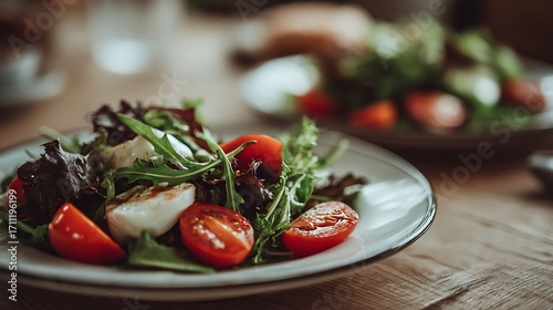 A vibrant, fresh salad with tomatoes, mozzarella, and arugula, presented on a rustic wooden table.