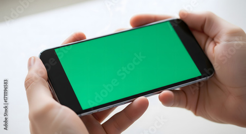 Person Holding Modern Smartphone with Green Screen for Product Presentation