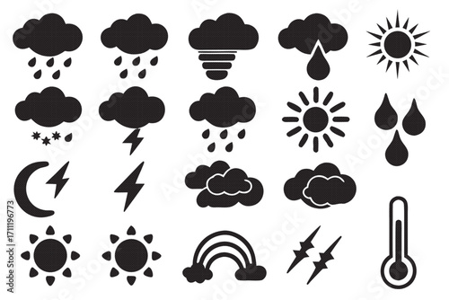 Weather forecast symbols, including sun, cloud, rain, snow, wind, lightning, thermometer, and rainbow icons